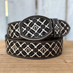 Laser Cut Leather Horseshoe Western Belt with Removable Buckle - Brown