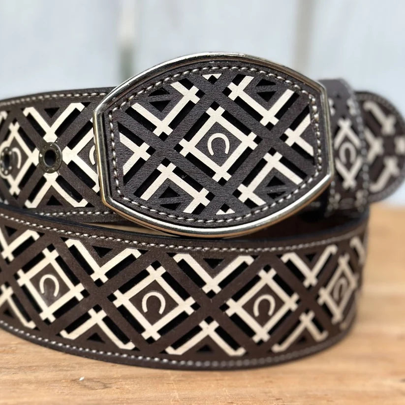 Laser Cut Leather Horseshoe Western Belt with Removable Buckle - Brown