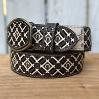 Laser Cut Leather Horseshoe Western Belt with Removable Buckle - Brown