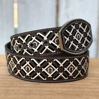 Laser Cut Leather Horseshoe Western Belt with Removable Buckle - Brown