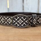 Laser Cut Leather Horseshoe Western Belt with Removable Buckle - Brown