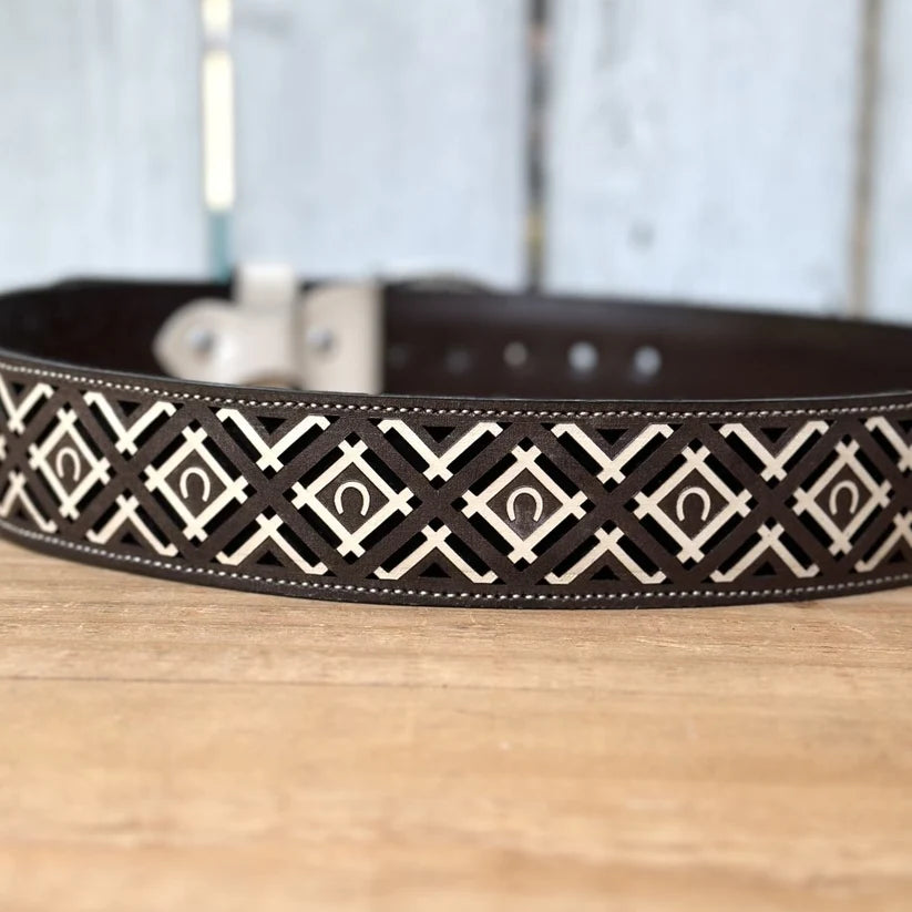 Laser Cut Leather Horseshoe Western Belt with Removable Buckle - Brown