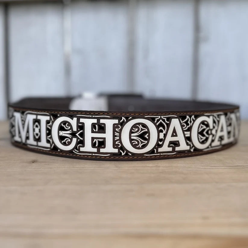 Laser Cut Leather Michoacan Western Belt with Removable Buckle - Brown