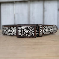 Laser Cut Leather Michoacan Western Belt with Removable Buckle - Brown