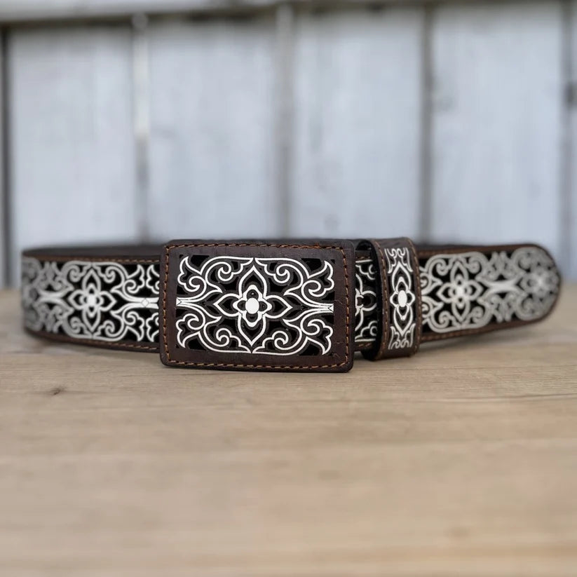 Laser Cut Leather Michoacan Western Belt with Removable Buckle - Brown