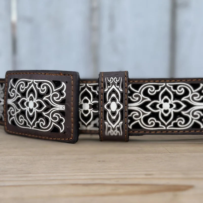 Laser Cut Leather Michoacan Western Belt with Removable Buckle - Brown