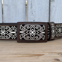 Laser Cut Leather Michoacan Western Belt with Removable Buckle - Brown