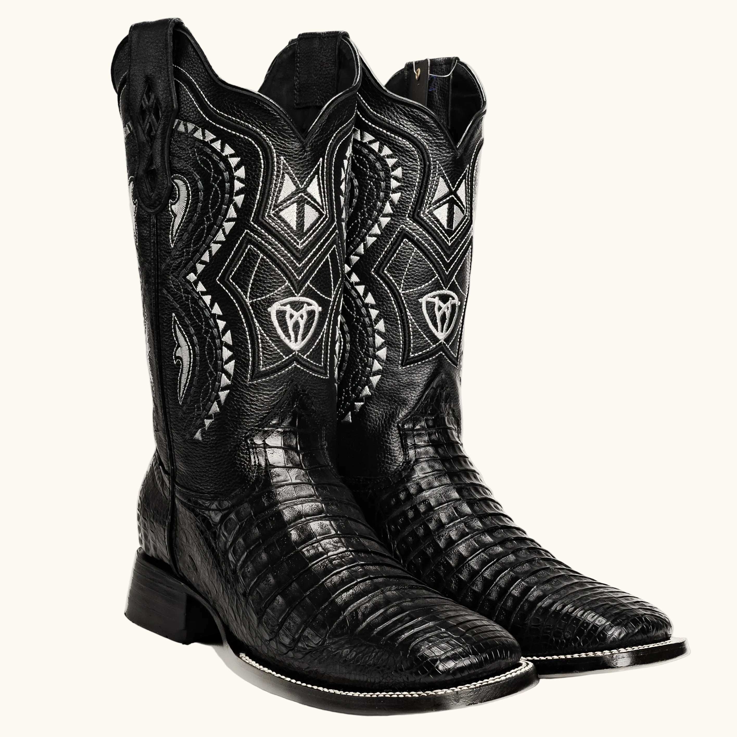 Men’s alligator caiman cowboy boots in black featuring a square toe design
