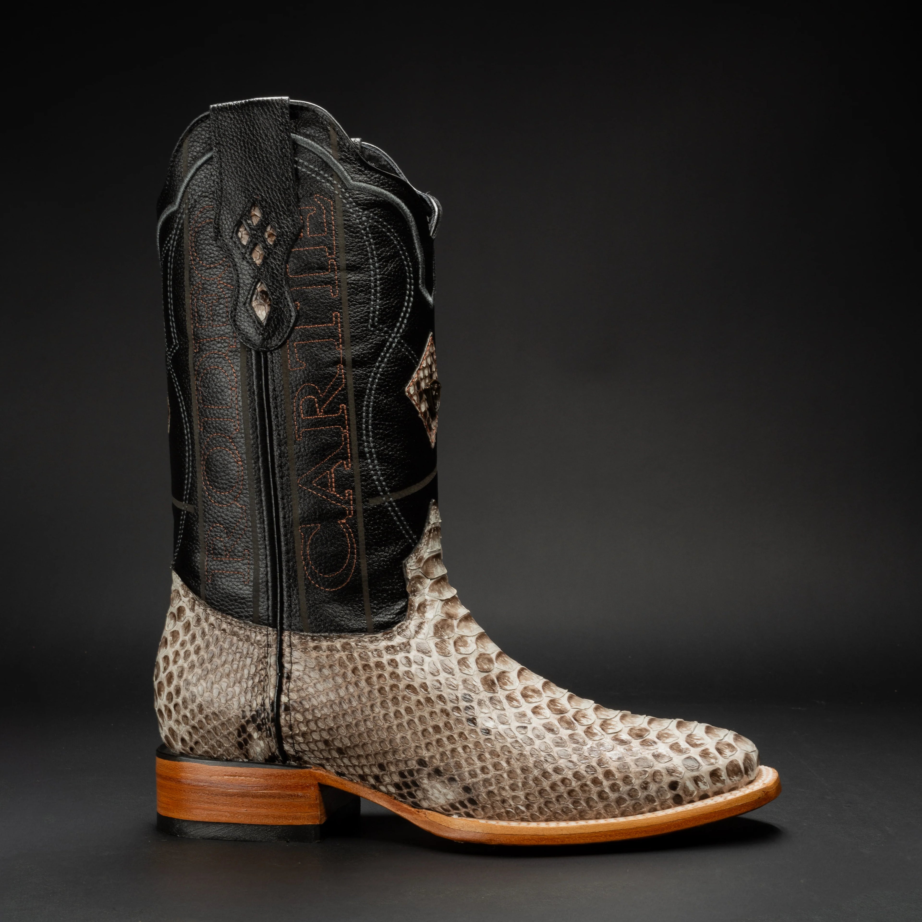 Men's Rodeo Cartie Genuine Exotic Python Snakeskin Square Toe Boots - Natural