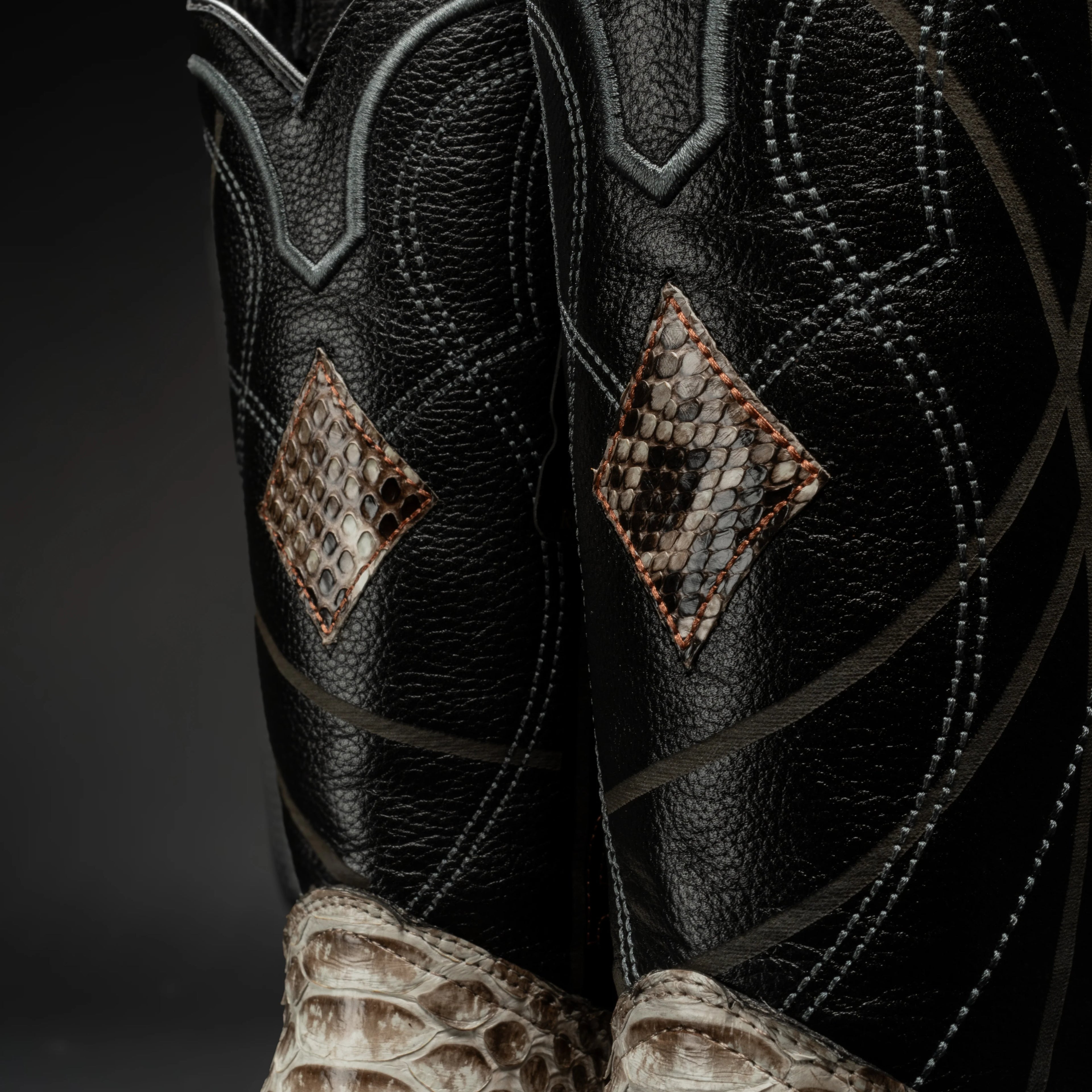 Close-up of black leather cowboy boots with decorative patterns on a dark background