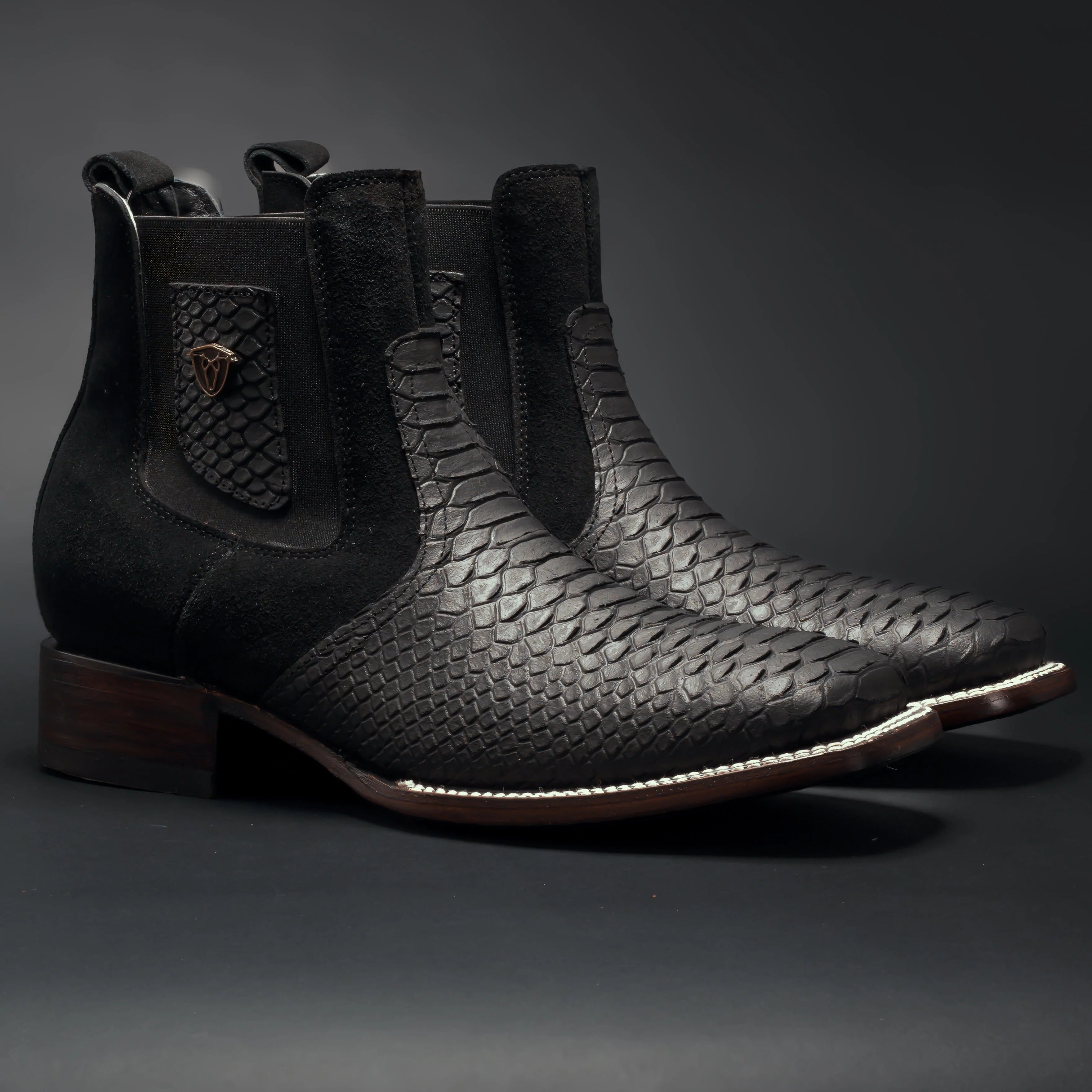 Men’s Rodeo Cartie Genuine Leather Python Print Square Toe Ankle Boots - Black