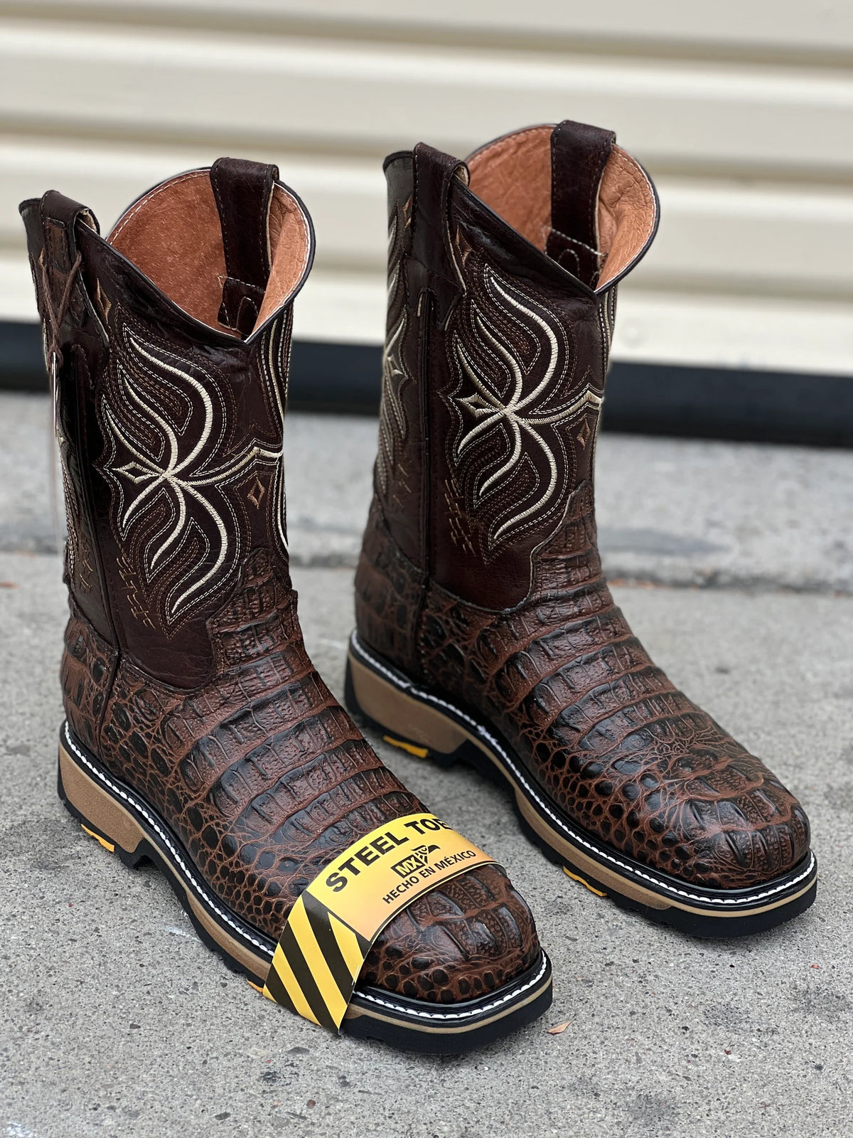 Patron Boots Caiman Print Square Toe Steel Toe Work Boots – Moka Brown