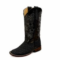 A&A Western Wear Women’s Boots, Python Print with Silver Floral Embroidery and Studs, Square Toe - Black
