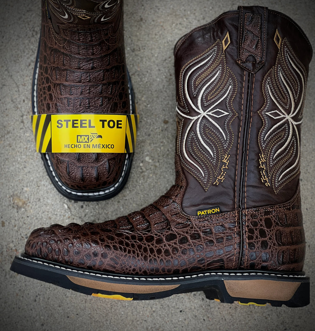 Patron Boots Caiman Print Square Toe Steel Toe Work Boots – Moka Brown