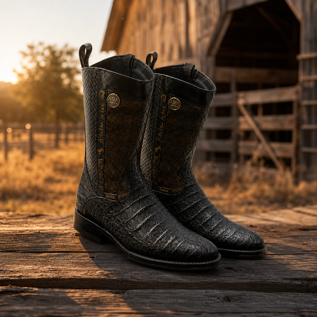 A&A Western Wear Men's Crocodile Belly Print Zip Oval toe Boots – Black