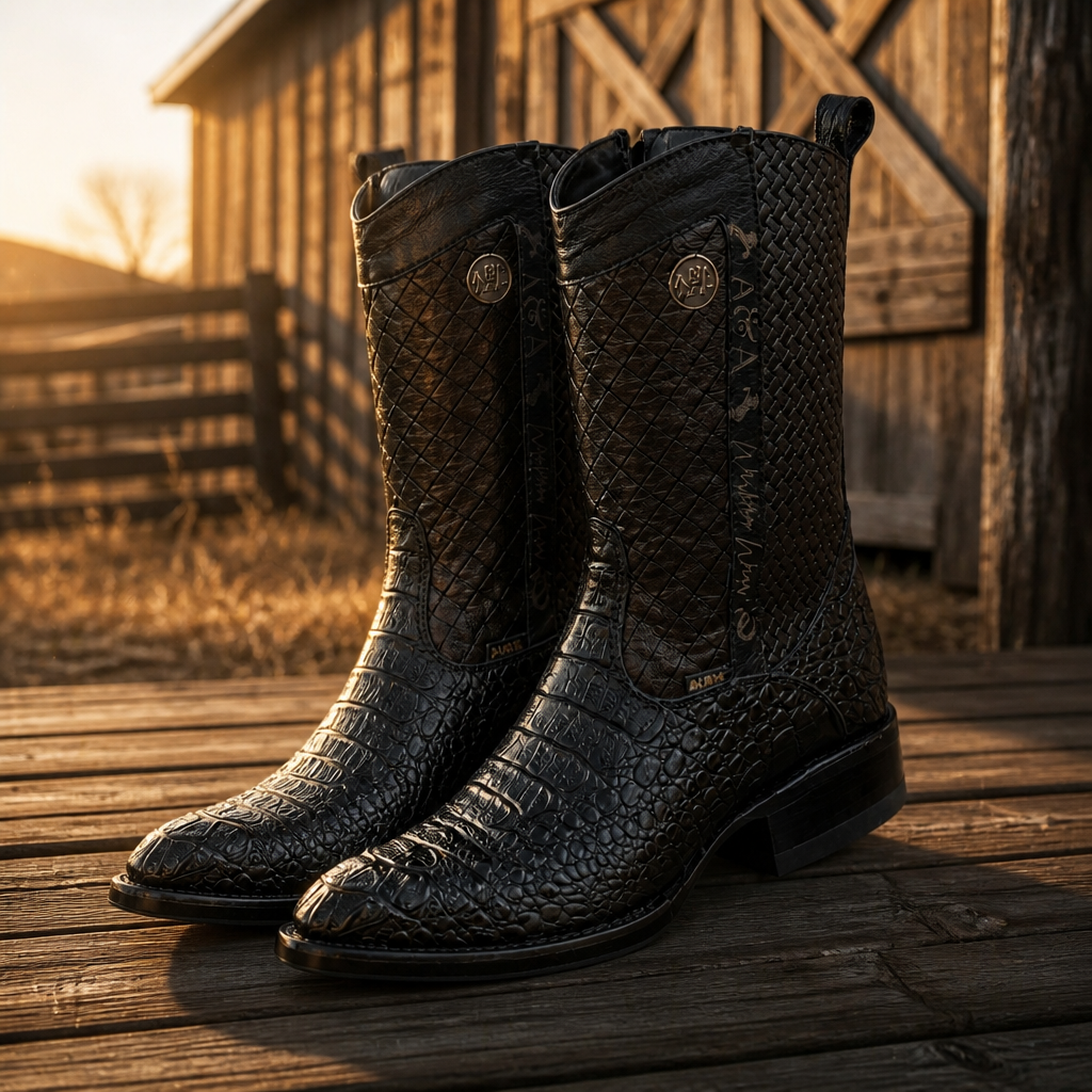 A&A Western Wear Men's Crocodile Print Zip Oval toe Boots – Black