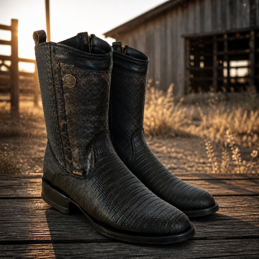 A&A Western Wear Men's Lizard Print Zip Oval toe Boots – Black