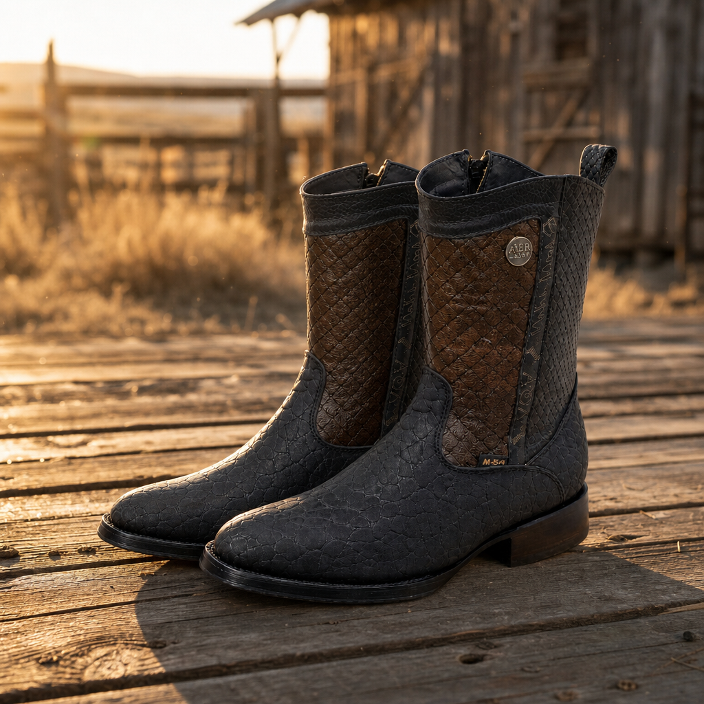 A&A Western Wear Men's Bull Neck Leather Zip Oval toe Western Boots – Black