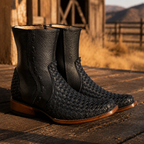 A&A Western Wear Men's Woven Leather Zip Square Toe Western Boots – Black