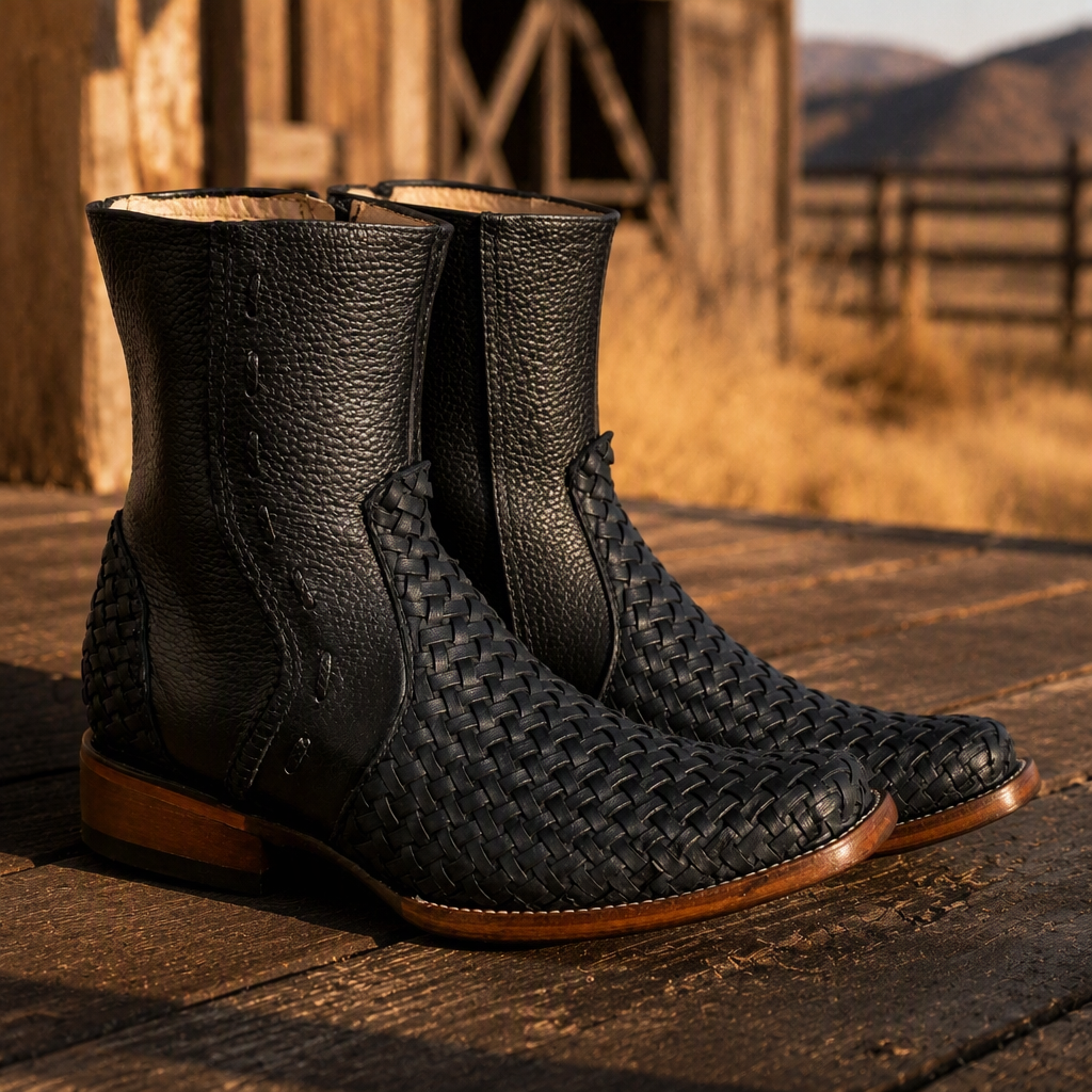 A&A Western Wear Men's Woven Leather Zip Square Toe Western Boots – Black