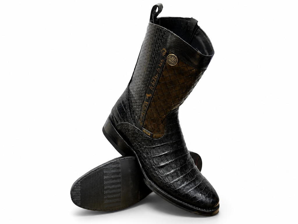 A&A Western Wear Men's Crocodile Belly Print Zip Oval toe Boots – Black