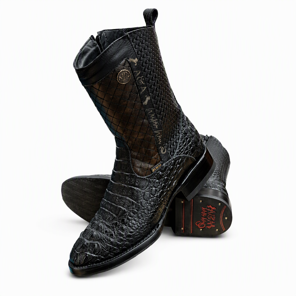 A&A Western Wear Men's Crocodile Print Zip Oval toe Boots – Black
