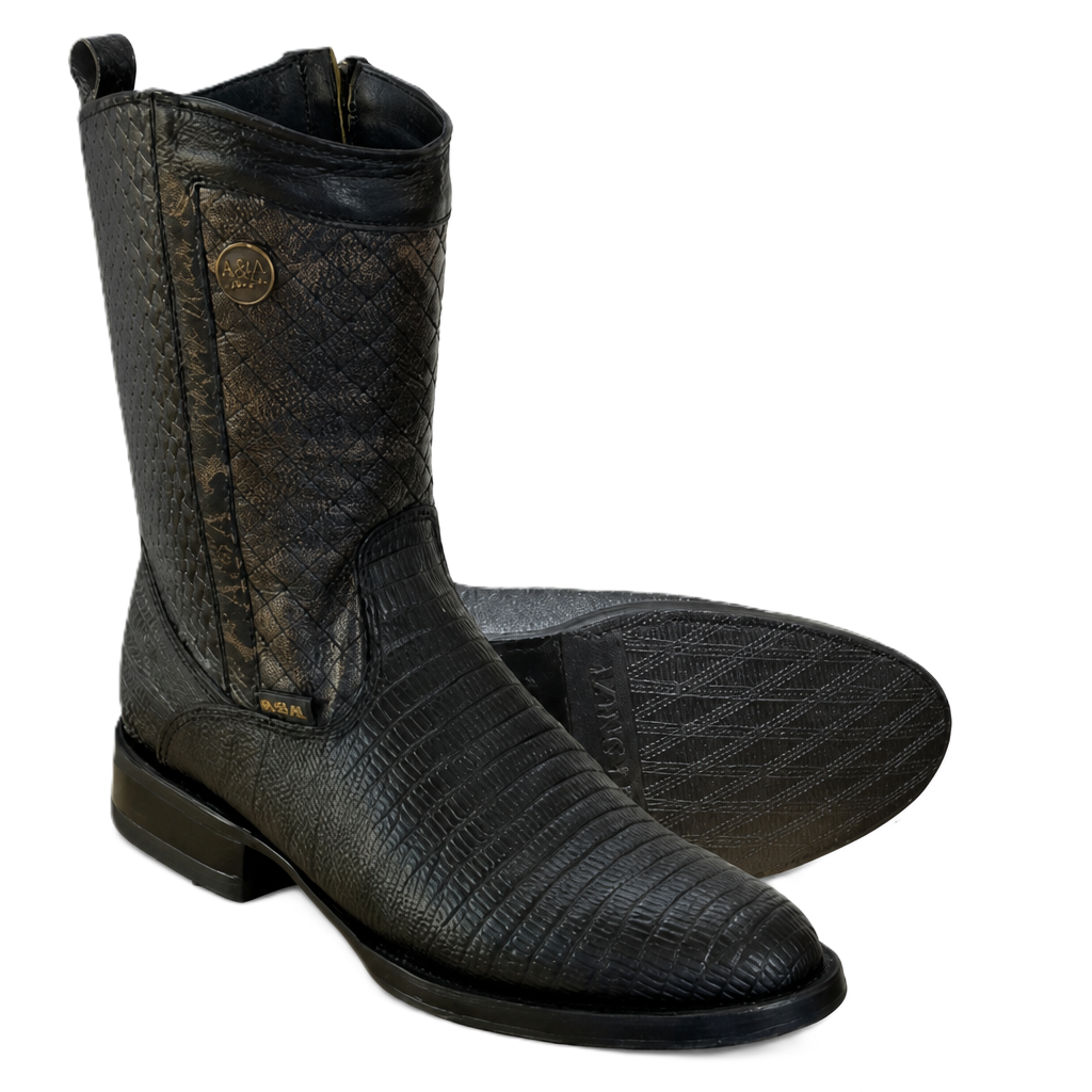 A&A Western Wear Men's Lizard Print Zip Oval toe Boots – Black