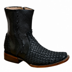 A&A Western Wear Men's Woven Leather Zip Square Toe Western Boots – Black