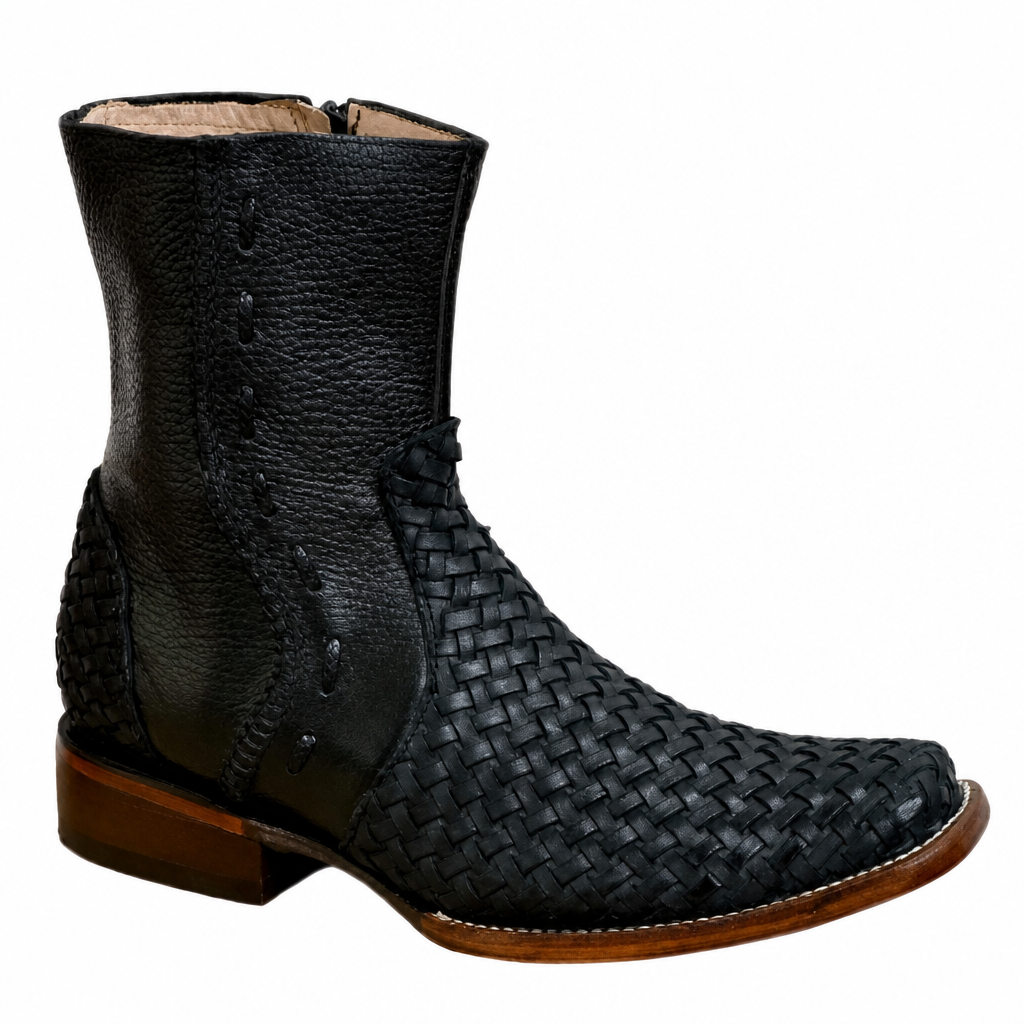 A&A Western Wear Men's Woven Leather Zip Square Toe Western Boots – Black