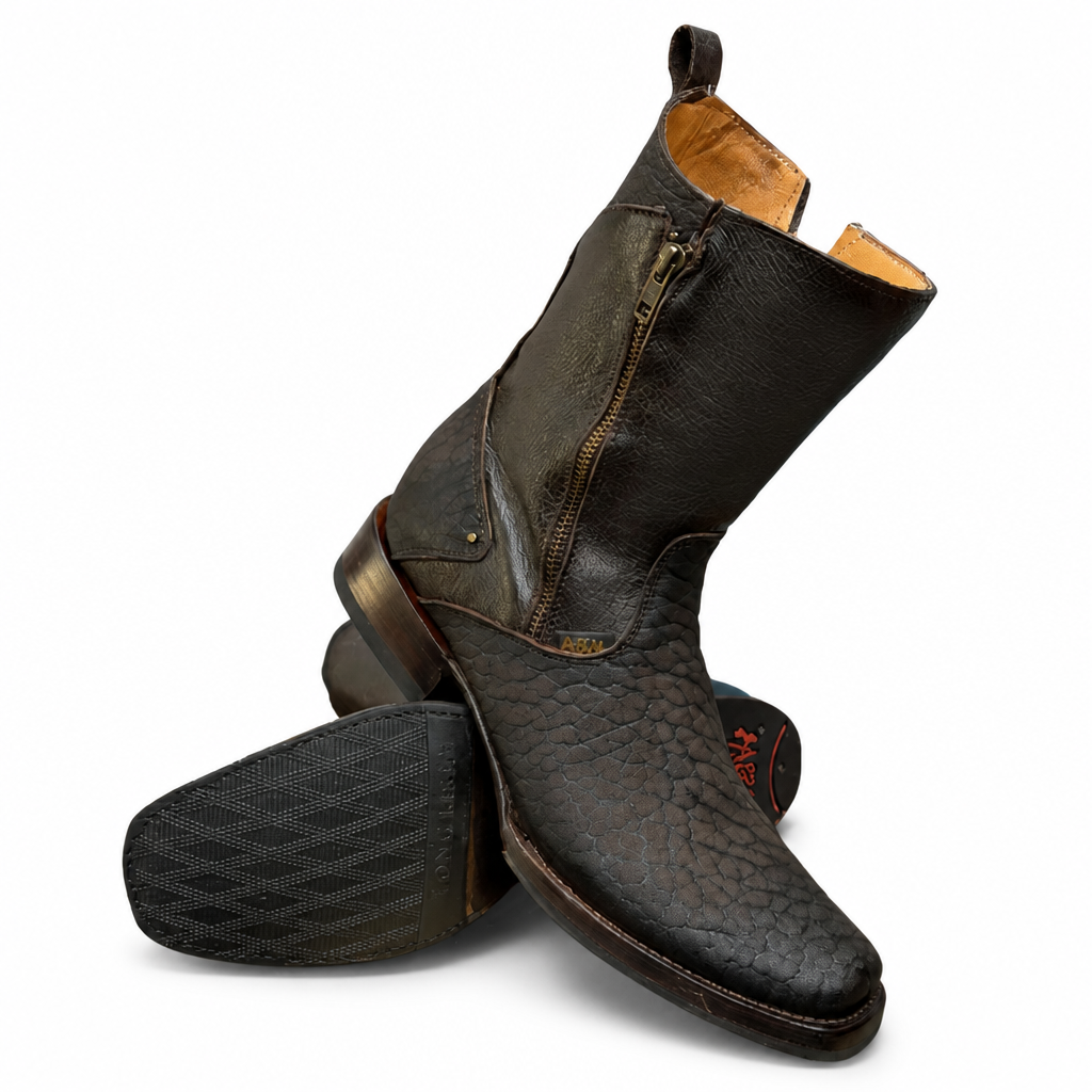 A&A Western Wear Men's Bull Neck Leather Zip Square Toe Boots – Brown