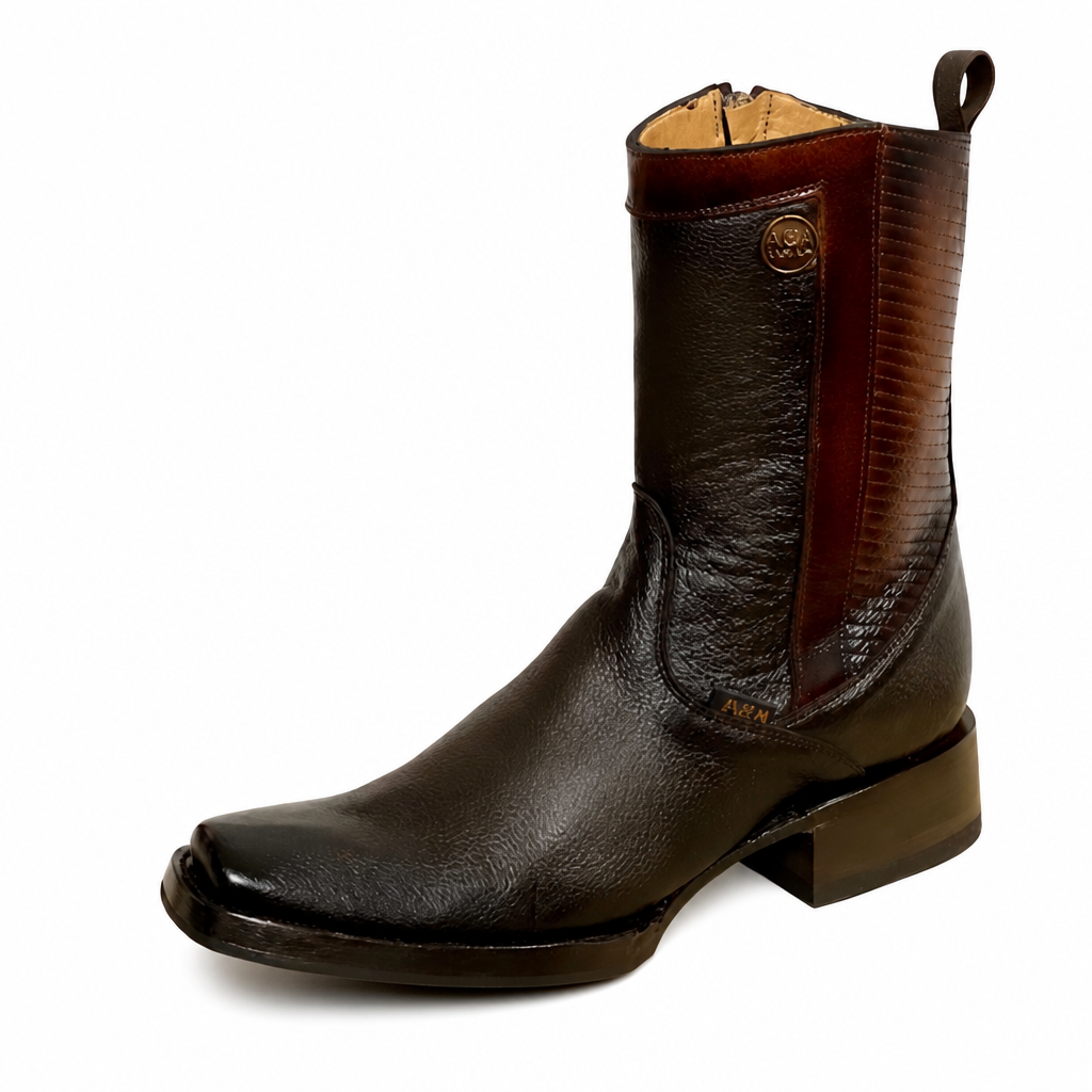 A&A Western Wear Men's Leather Zip Square Toe Boots – Brown