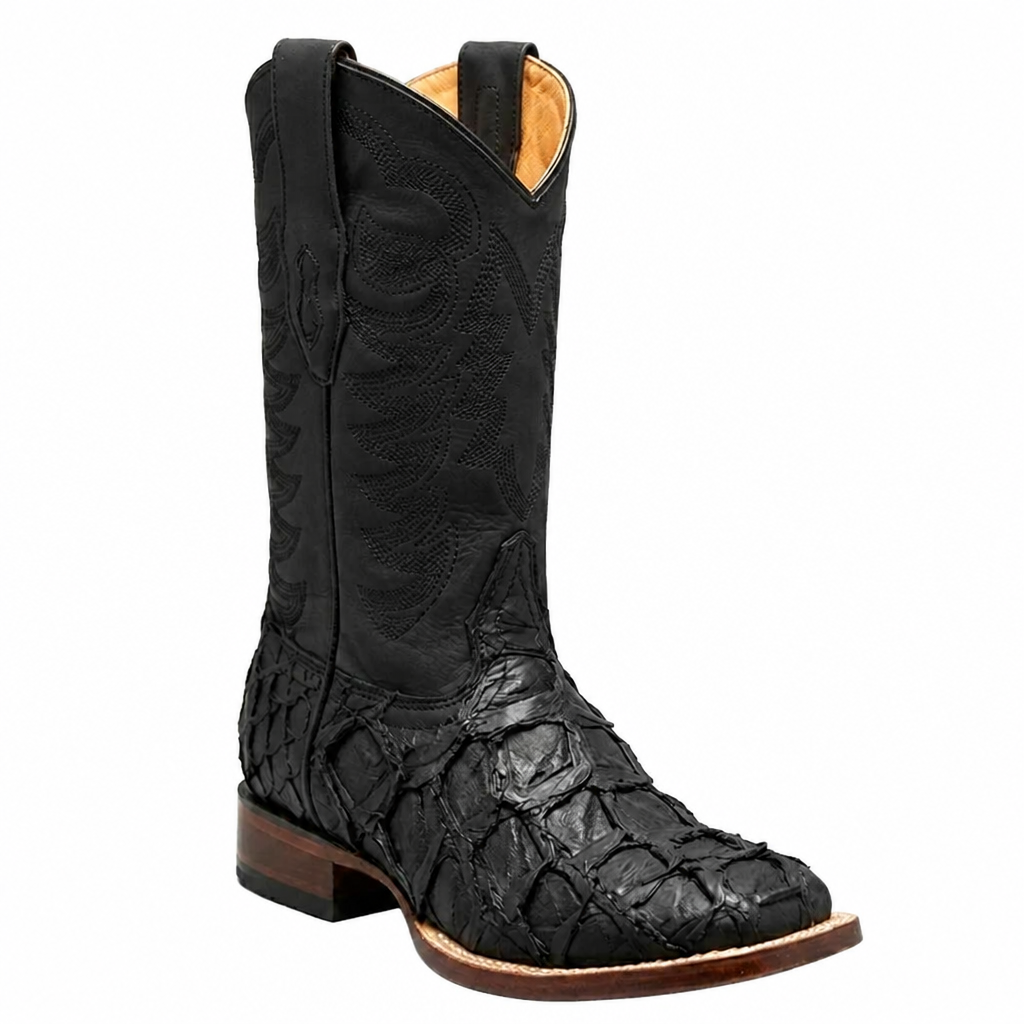 White Diamonds Men's Genuine Pirarucu Square Toe Rodeo Cowboy Boots – Black