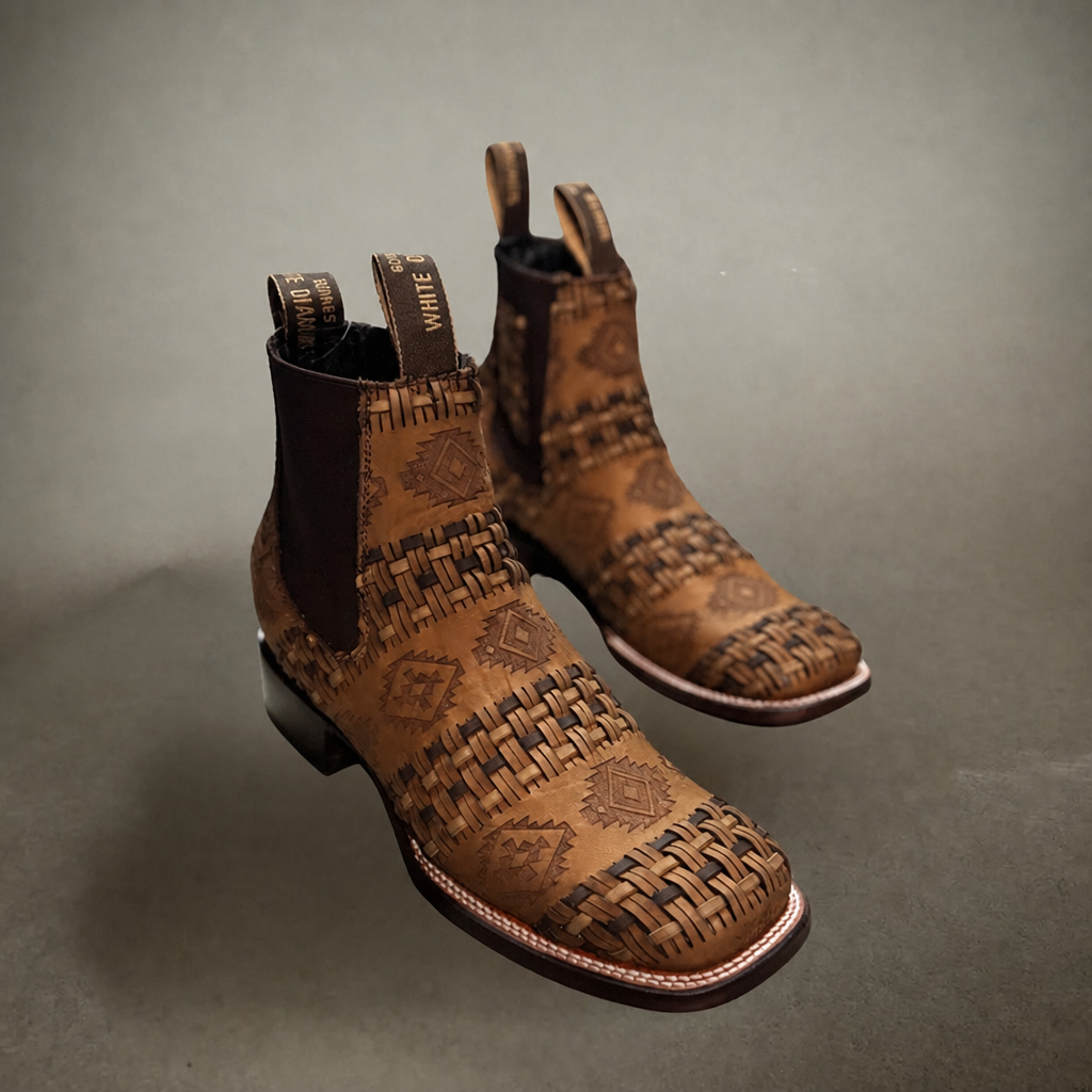 White Diamonds Men's Aztec Woven Leather Square Toe Rodeo Ankle Boots – Taupe