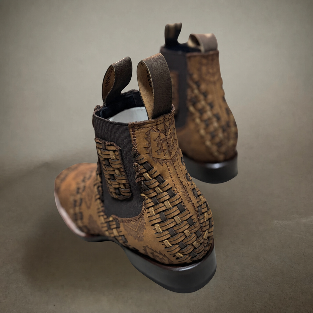 White Diamonds Men's Aztec Woven Leather Square Toe Rodeo Ankle Boots – Taupe