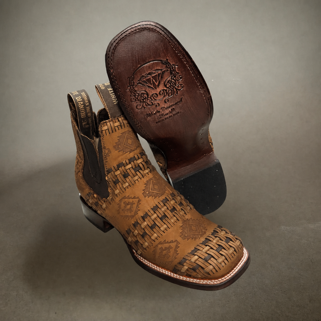 White Diamonds Men's Aztec Woven Leather Square Toe Rodeo Ankle Boots – Taupe