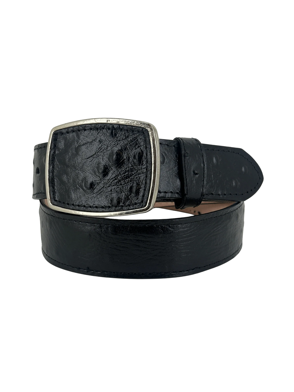 Full Quill Ostrich Skin Print Western Belt with Removable Buckle - Black