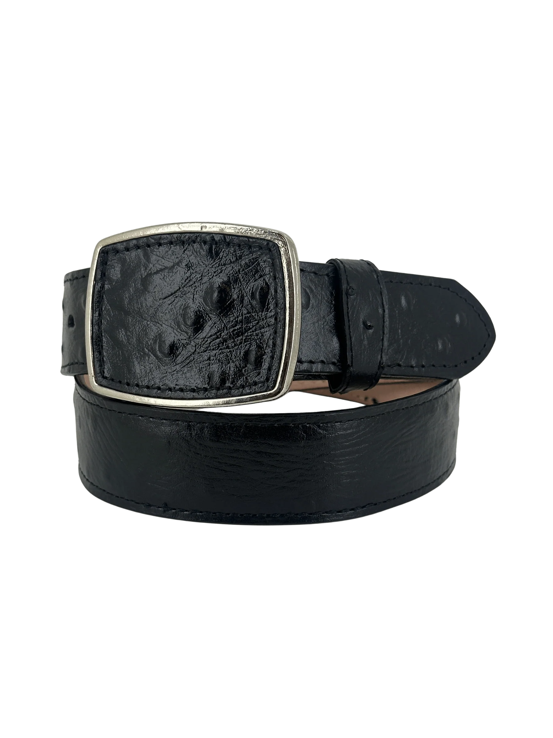 Full Quill Ostrich Skin Print Western Belt with Removable Buckle - Black