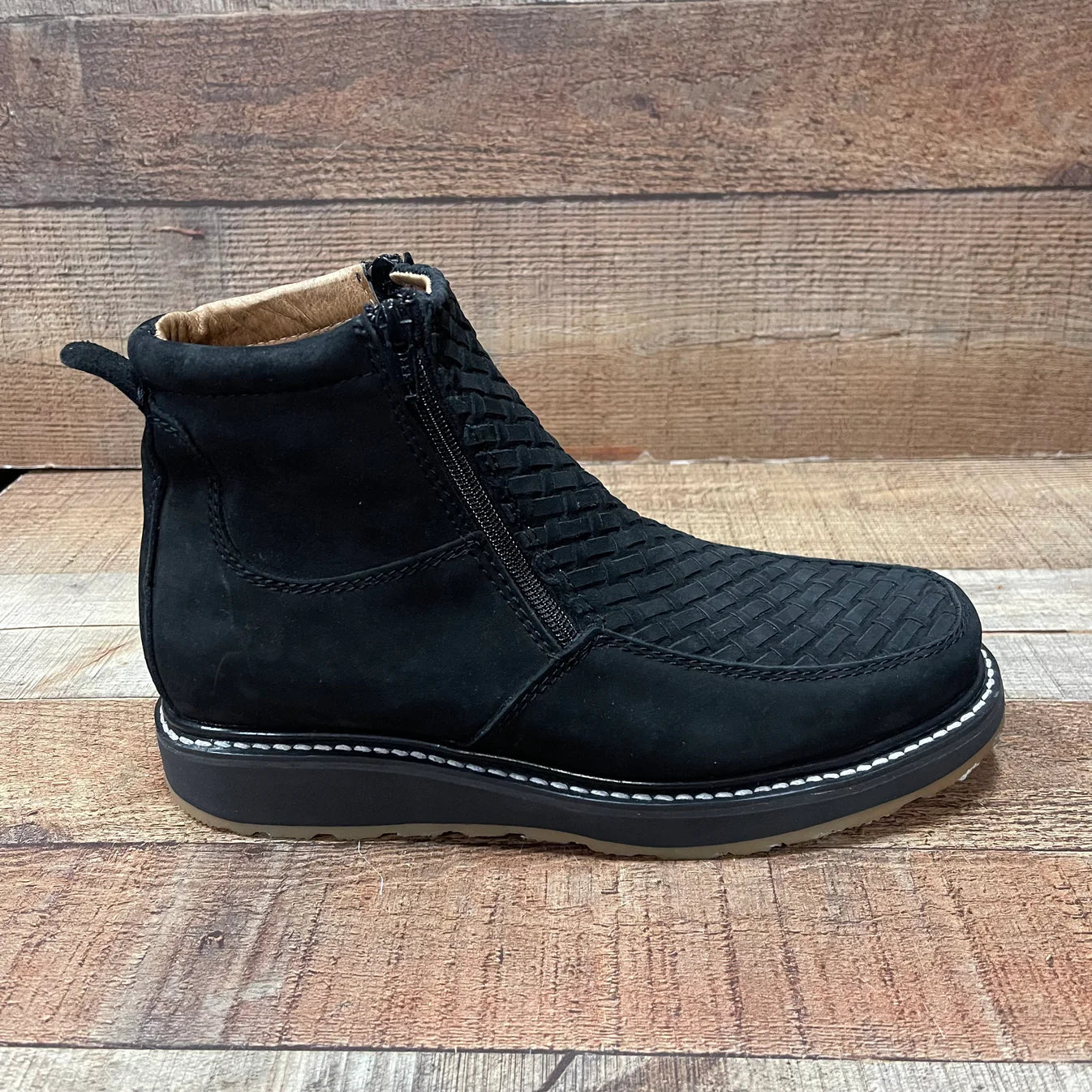 Men's Work Black Double Zipper Handwoven Genuine Leather Oil/Water Resistant Est. 33