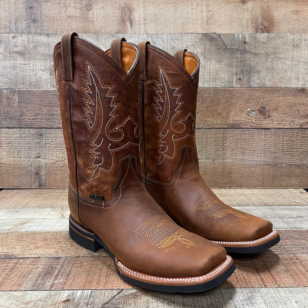 Men's Western Rodeo Cowboy Genuine Leather Boots Square Toe Est. 387 Tan