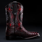 Side profile of men’s python snakeskin square toe cowboy boots