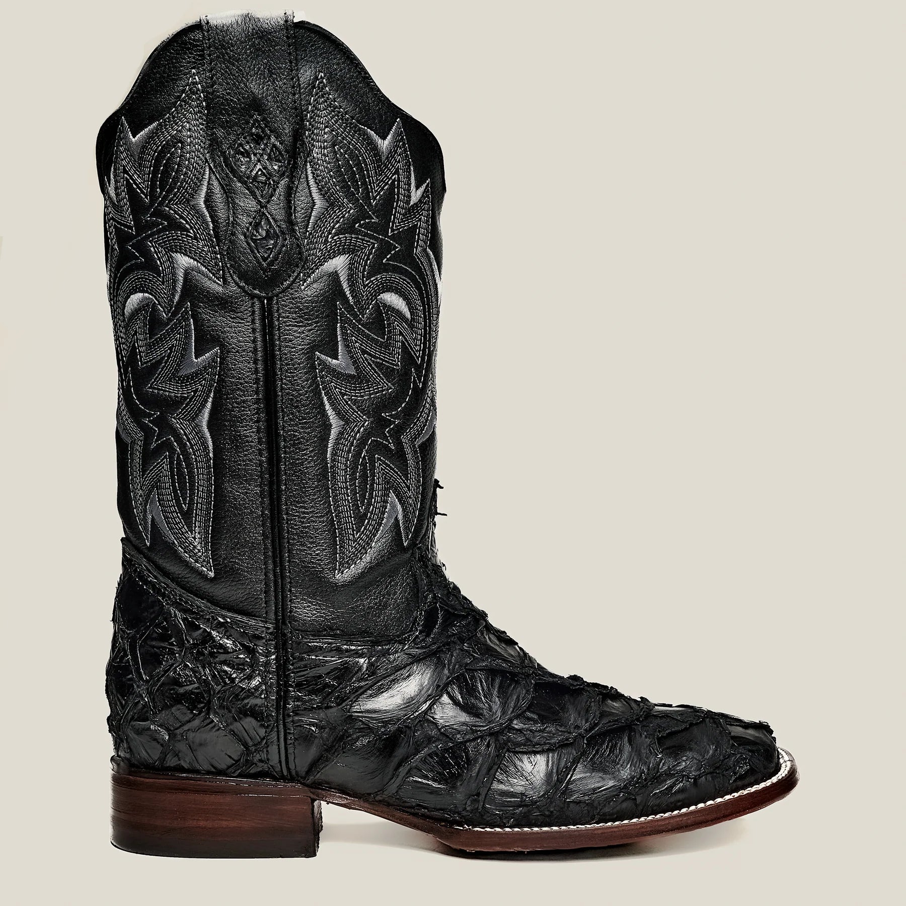Men's Rodeo Cartie Genuine Exotic Monster Fish Pirarucu Square Toe Boots - Black