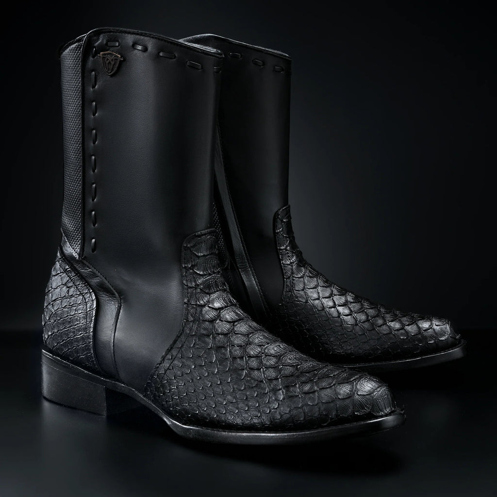 Rodeo Cartie Men's Gala Python Oval Toe Roper Boots with Zipper – Black