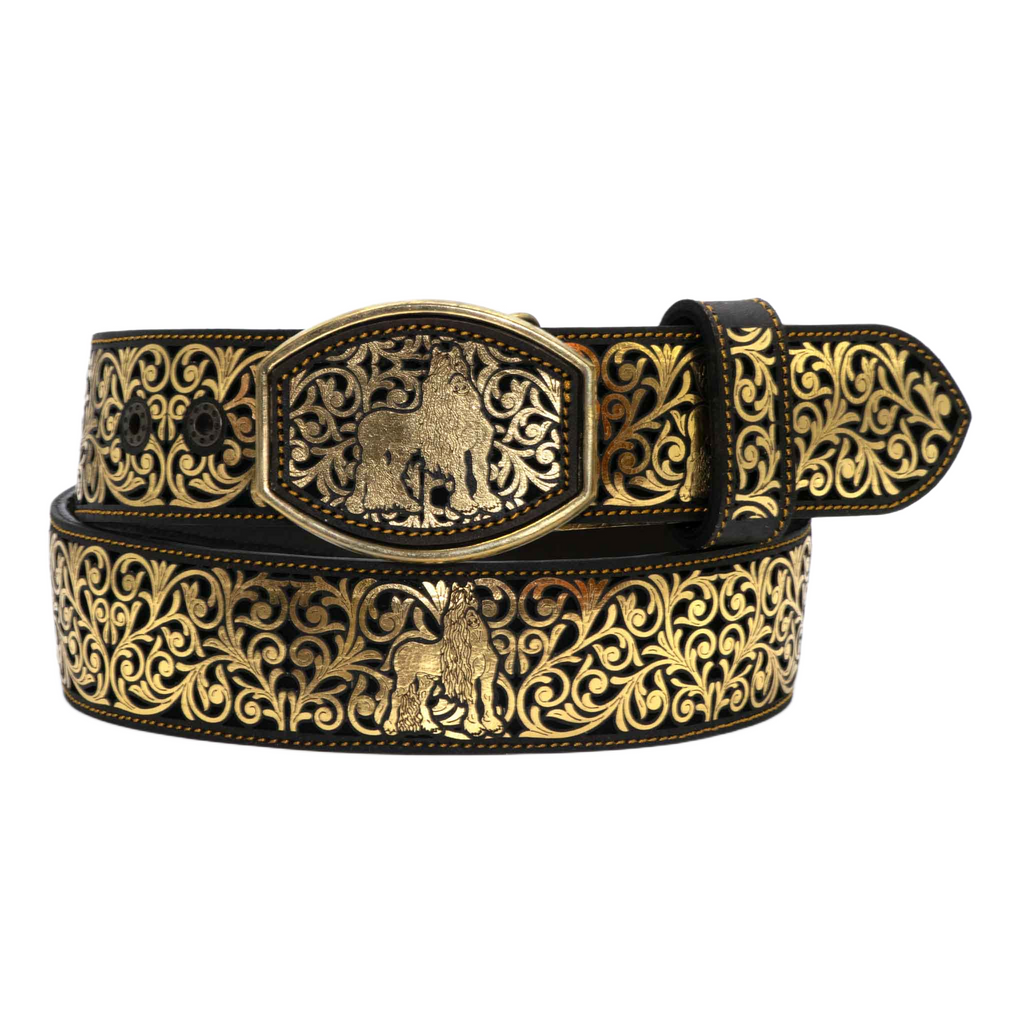 Laser Cut Leather Horse Western Belt with Removable Buckle - Gold