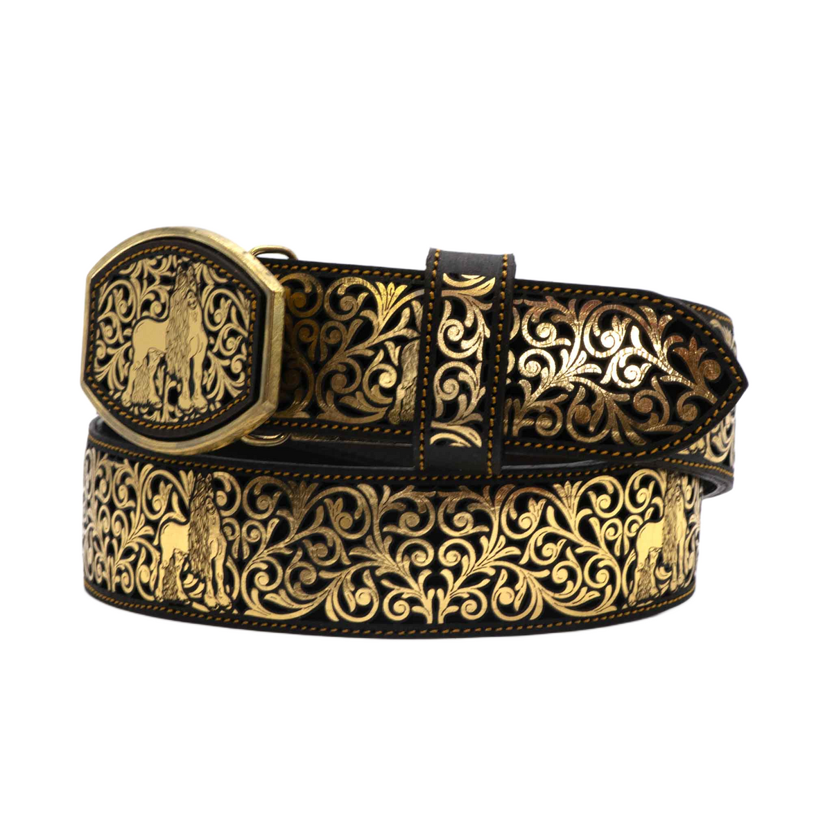 Laser Cut Leather Horse Western Belt with Removable Buckle - Gold