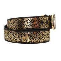 Laser Cut Leather Horse Western Belt with Removable Buckle - Gold