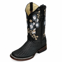 A&A Western Wear Women’s Handwoven Boots, Basketweave with Floral Embroidery, Square Toe - Black