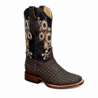 A&A Western Wear Women’s Handwoven Boots, Basketweave with Floral Embroidery, Square Toe - Brown