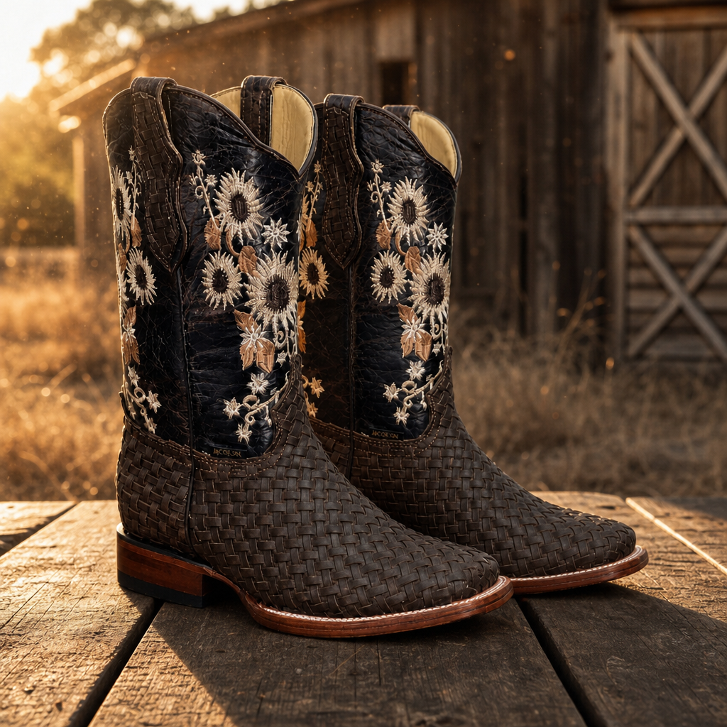A&A Western Wear Women’s Handwoven Boots, Basketweave with Floral Embroidery, Square Toe - Brown