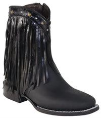 Women´s Silverton Michelle Fringe All Leather Wide Square Toe Short Boots-Black/Black