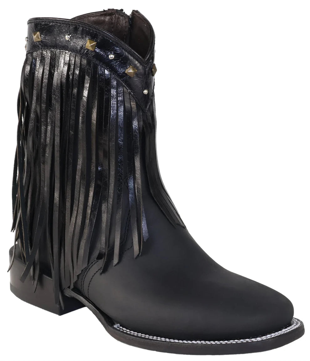 Women´s Silverton Michelle Fringe All Leather Wide Square Toe Short Boots-Black/Black